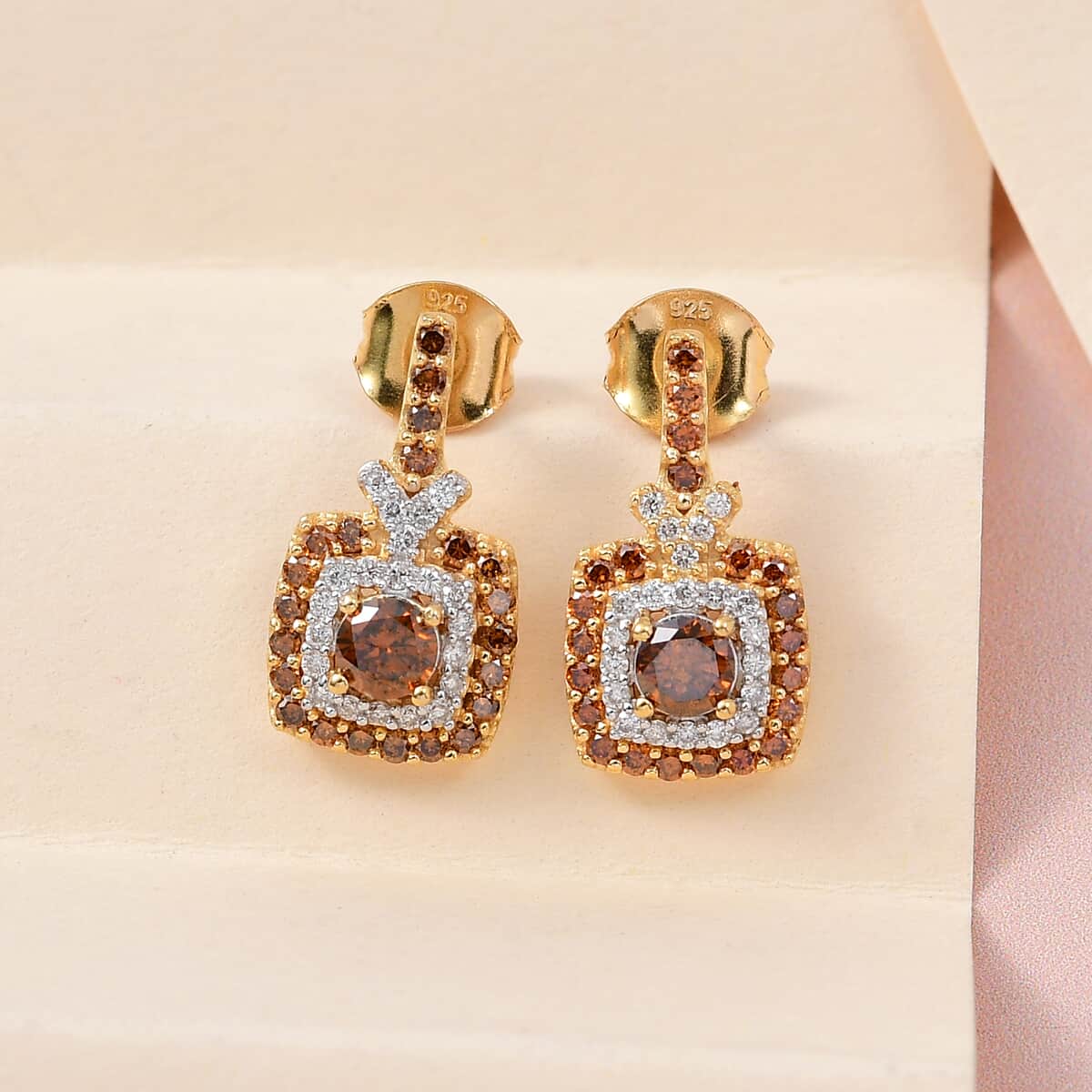 Buy Orange and White Diamond Double Halo Earrings in Vermeil Yellow ...