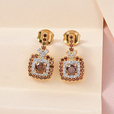 Orange and White Diamond Double Halo Earrings in Vermeil Yellow Gold Over Sterling Silver 1.00 ctw