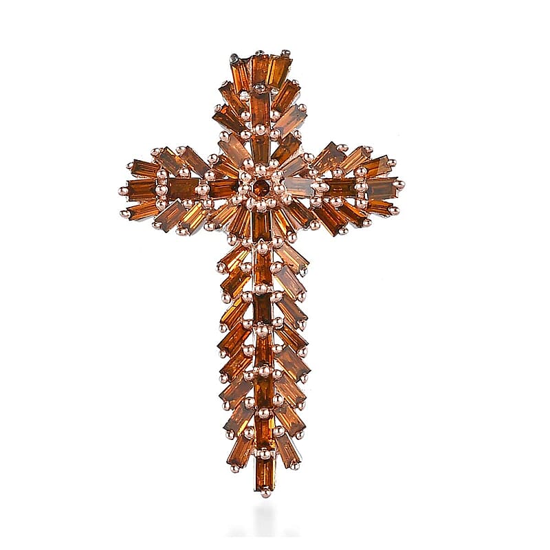 Orange Diamond Cross Pendant in Platinum Over Sterling Silver 1.00 ctw