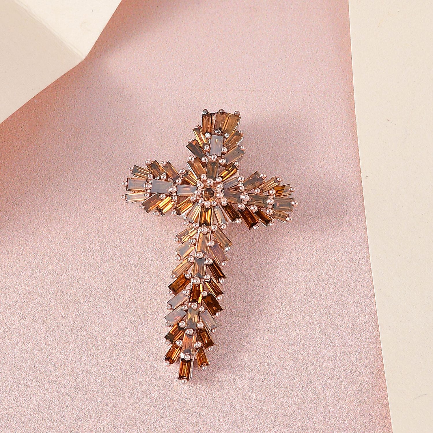 Orange Diamond Cross Pendant in Platinum Over Sterling Silver 1.00 ctw