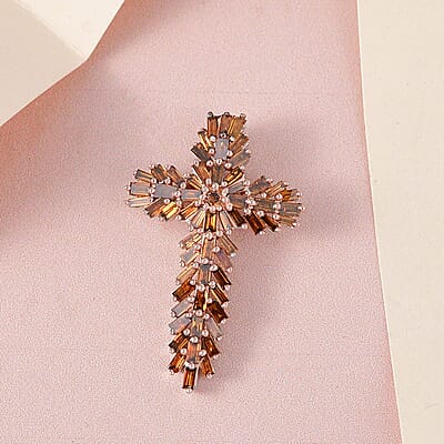 Orange Diamond Cross Pendant in Platinum Over Sterling Silver 1.00 ctw
