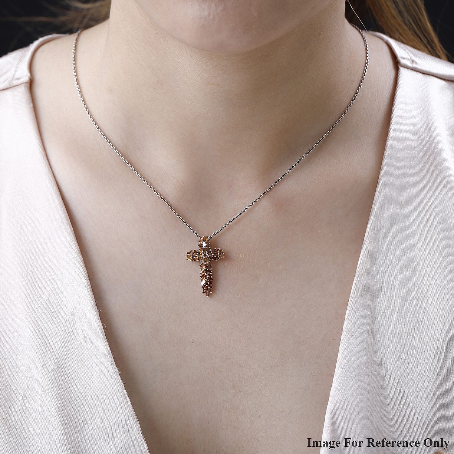 Orange Diamond Cross Pendant in Platinum Over Sterling Silver 1.00 ctw