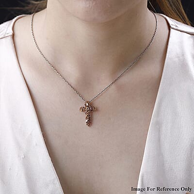 Orange Diamond Cross Pendant in Platinum Over Sterling Silver 1.00 ctw
