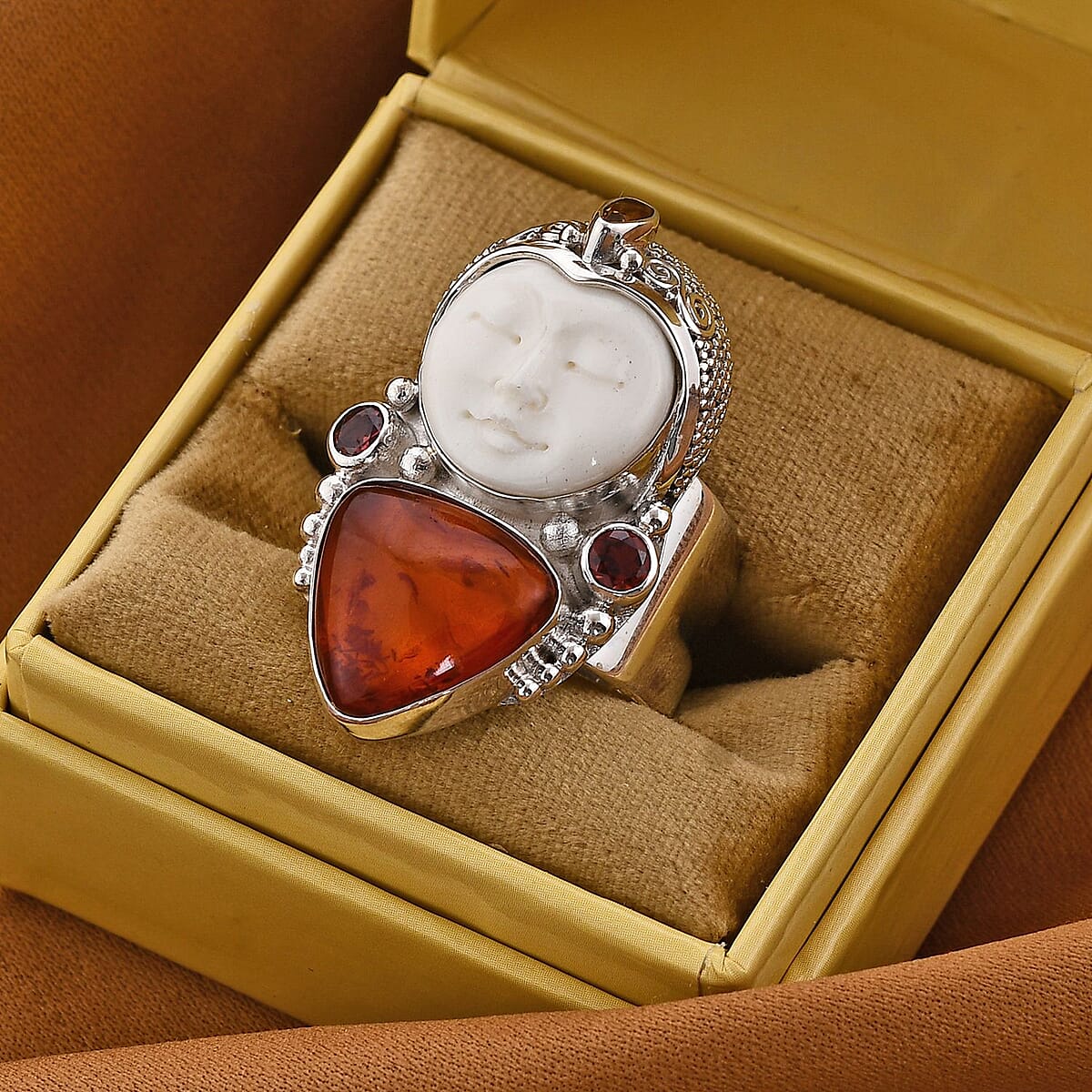 Sajen Silver Carved Bone, Baltic Amber and Multi Gemstone Ring in Sterling Silver (Size 6.0) 0.80 ctw image number 1