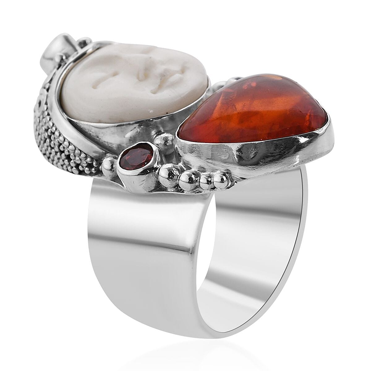 Sajen Silver Carved Bone, Baltic Amber and Multi Gemstone Ring in Sterling Silver (Size 6.0) 0.80 ctw image number 3