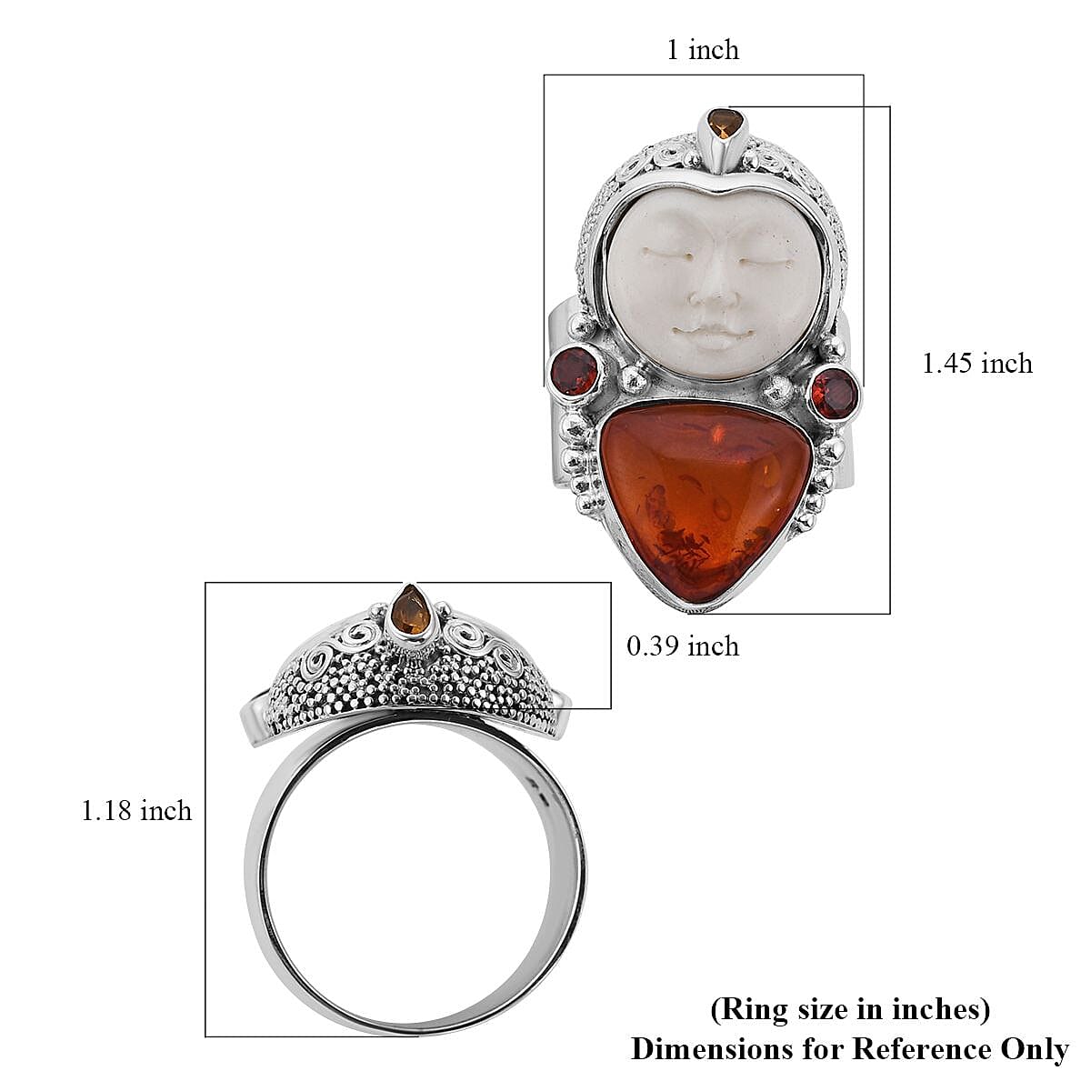 Sajen Silver Carved Bone, Baltic Amber and Multi Gemstone Ring in Sterling Silver (Size 6.0) 0.80 ctw image number 5