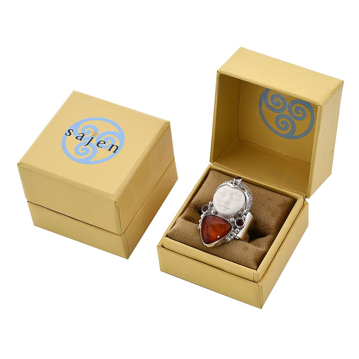 Sajen Silver Carved Bone, Baltic Amber and Multi Gemstone Ring in Sterling Silver (Size 6.0) 0.80 ctw image number 6