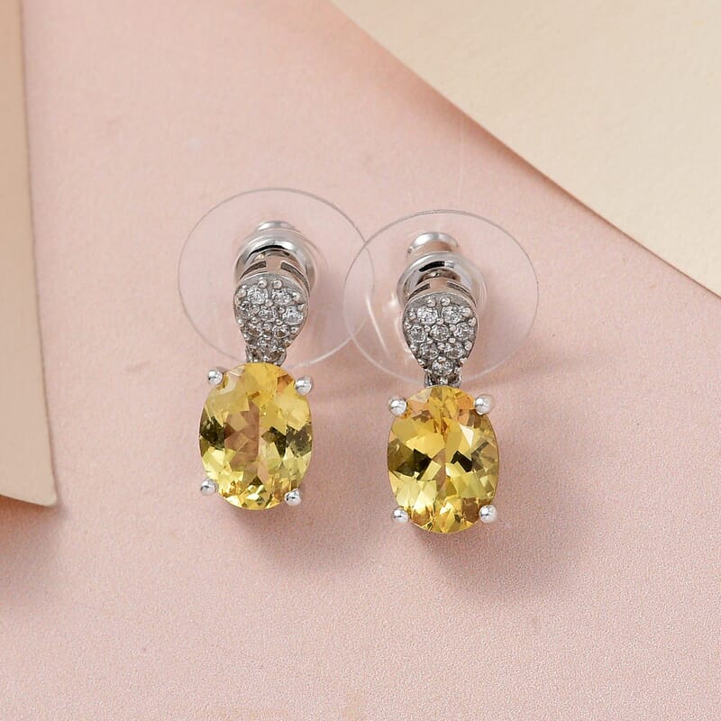 Brazilian Golden Apatite and White Zircon Dangling Earrings in Platinum Over Sterling Silver 4.00 ctw