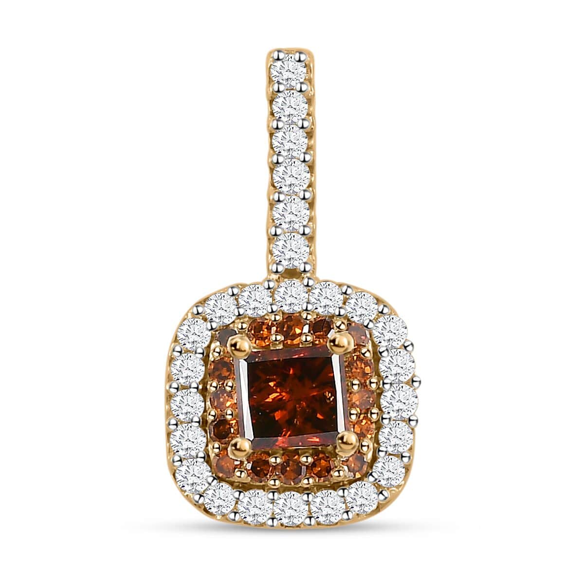 Luxoro 10K Yellow Gold Princess Cut Orange Diamond and White Diamond Double Halo Pendant 0.50 ctw image number 0