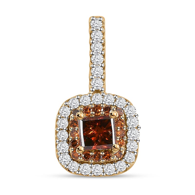 Luxoro 10K Yellow Gold Princess Cut Orange Diamond and White Diamond Double Halo Pendant 0.50 ctw