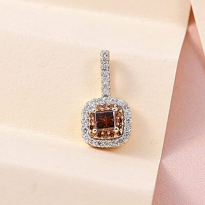 Luxoro 10K Yellow Gold Princess Cut Orange Diamond and White Diamond Double Halo Pendant 0.50 ctw