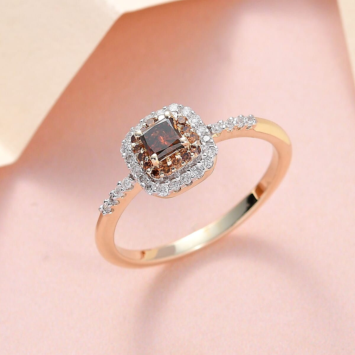 Luxoro 10K Yellow Gold Princess Cut Orange and White Diamond Halo Ring (Size 8.0) 0.50 ctw image number 1