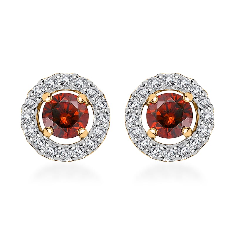 Luxoro 10K Yellow Gold Orange Diamond (IR), Diamond Halo Stud Earrings 0.75 ctw
