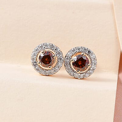Luxoro 10K Yellow Gold Orange Diamond (IR), Diamond Halo Stud Earrings 0.75 ctw