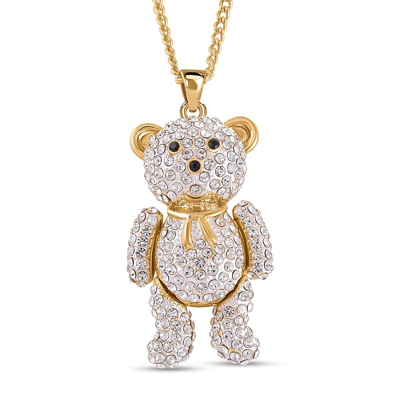 White Austrian Crystal and Black Glass Teddy Bear Pendant Necklace 29-31 Inches in Goldtone