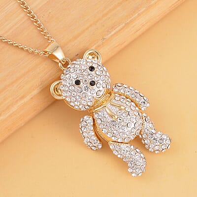 White Austrian Crystal and Black Glass Teddy Bear Pendant Necklace 29-31 Inches in Goldtone