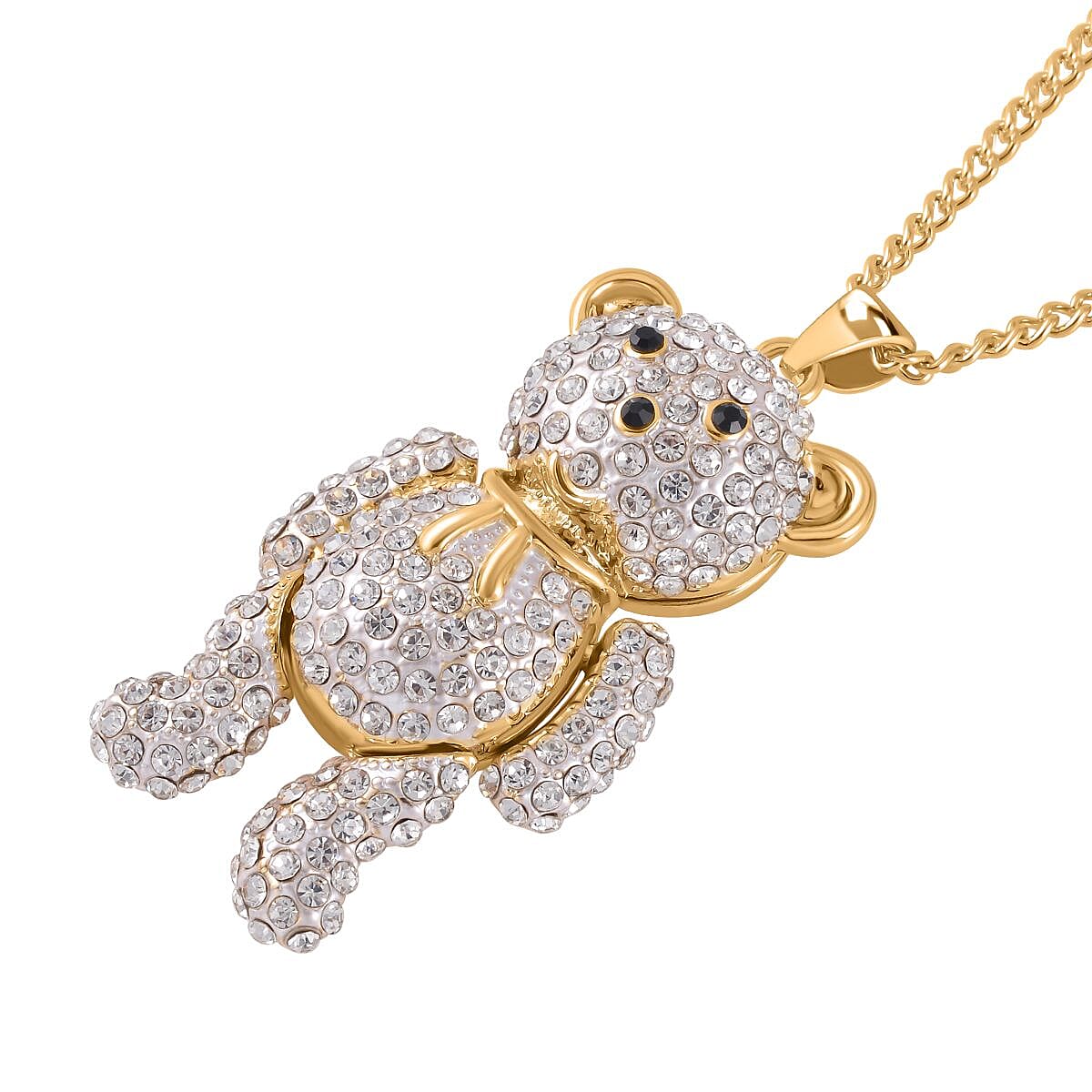 White Austrian Crystal and Black Glass Teddy Bear Pendant Necklace 29-31 Inches in Goldtone