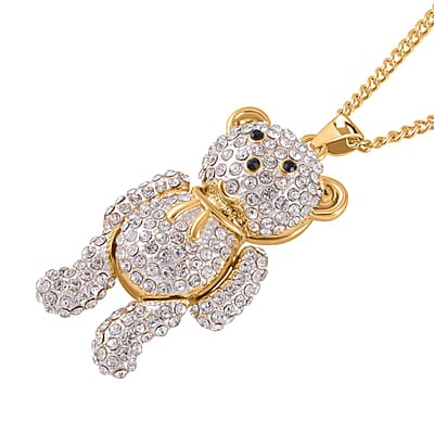 White Austrian Crystal and Black Glass Teddy Bear Pendant Necklace 29-31 Inches in Goldtone