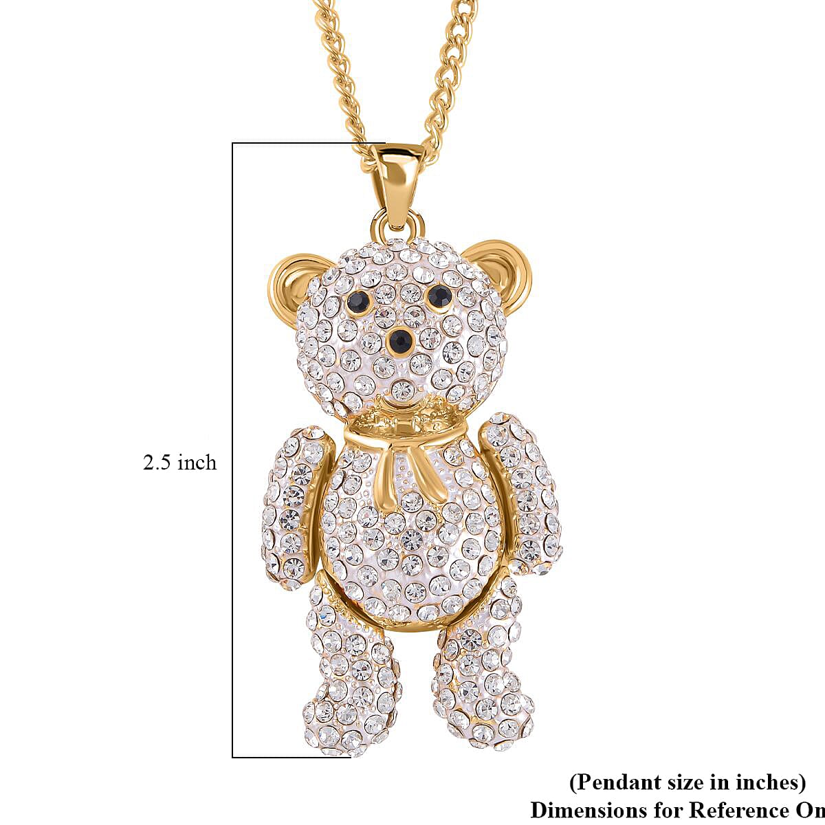 White Austrian Crystal and Black Glass Teddy Bear Pendant Necklace 29-31 Inches in Goldtone