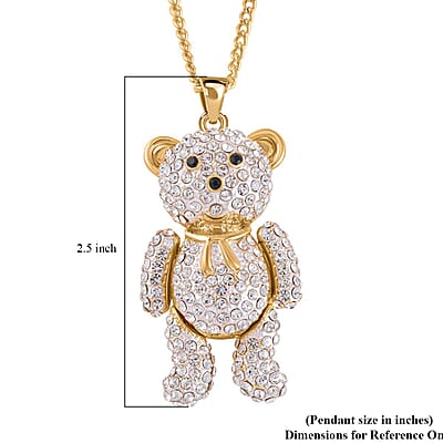 White Austrian Crystal and Black Glass Teddy Bear Pendant Necklace 29-31 Inches in Goldtone