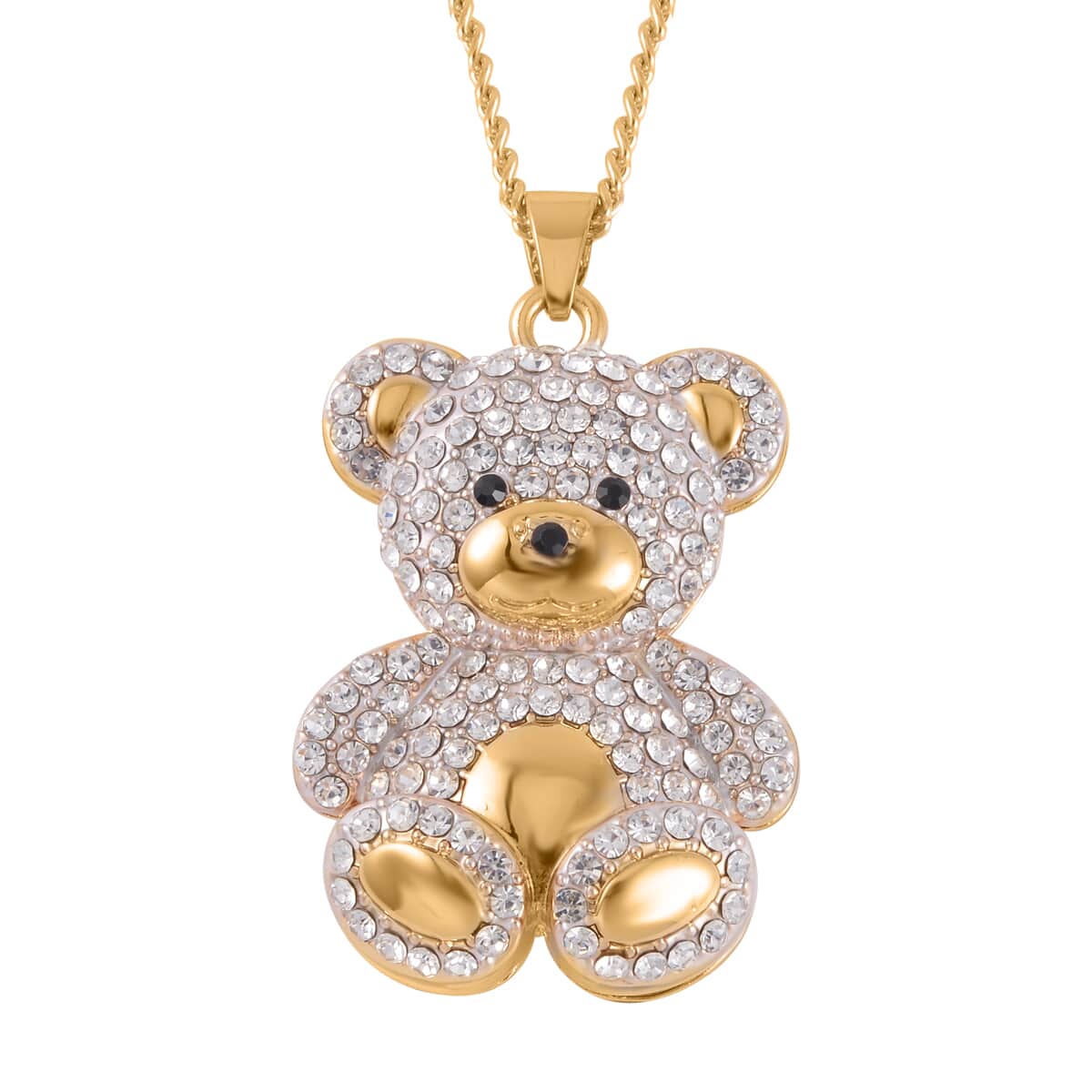 White Austrian Crystal, Black Glass Teddy Bear Necklace 29-31 Inches in Goldtone image number 0