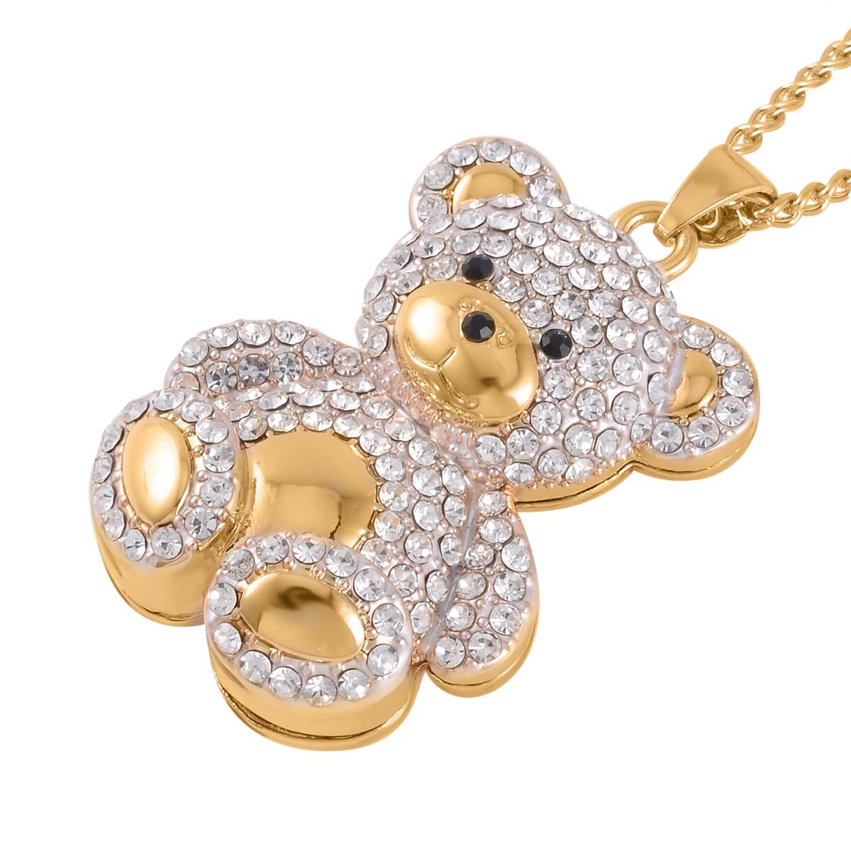 White Austrian Crystal, Black Glass Teddy Bear Necklace 29-31 Inches in Goldtone image number 3