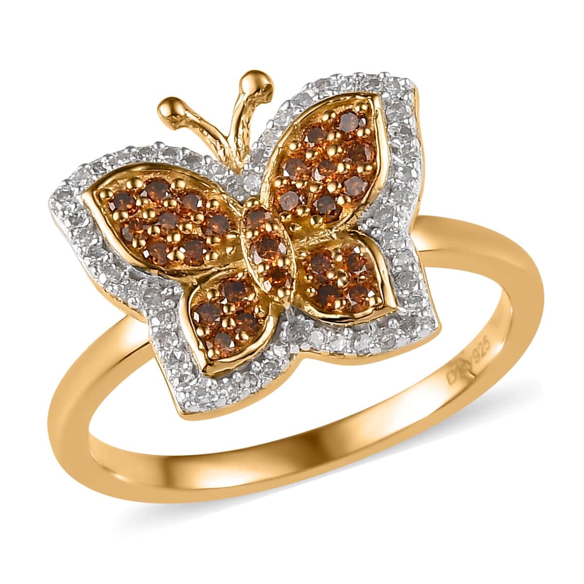 Orange and White Diamond Butterfly Ring in Vermeil Yellow Gold Over Sterling Silver 0.50 ctw image number 0