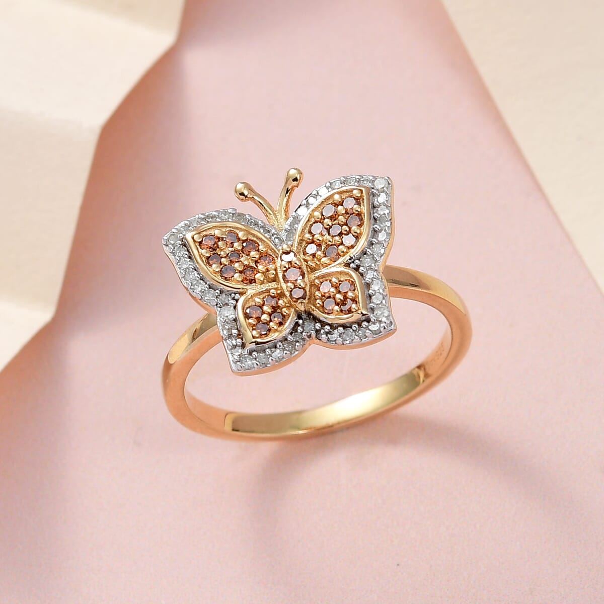 Orange and White Diamond Butterfly Ring in Vermeil Yellow Gold Over Sterling Silver 0.50 ctw image number 1