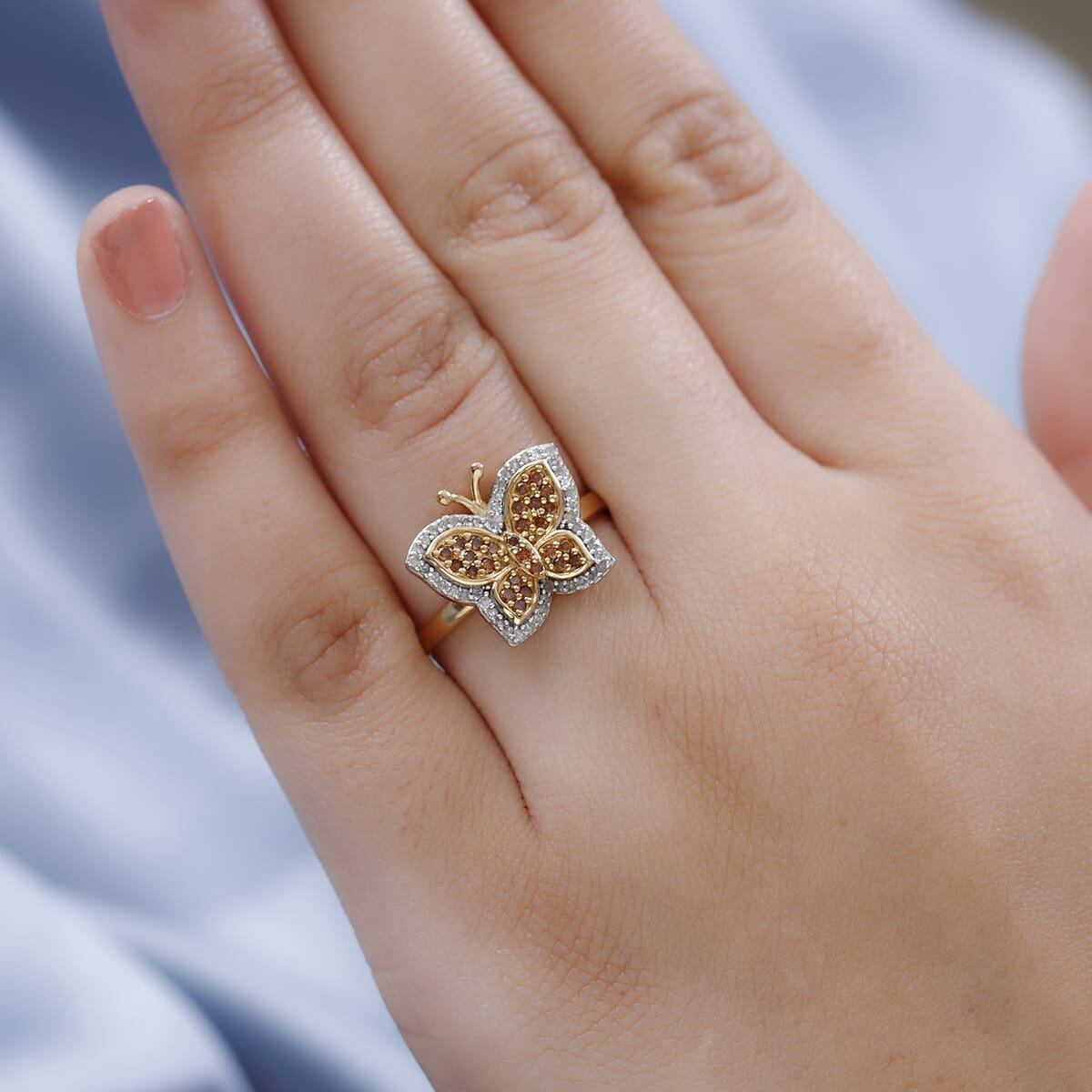 Orange and White Diamond Butterfly Ring in Vermeil Yellow Gold Over Sterling Silver 0.50 ctw image number 2