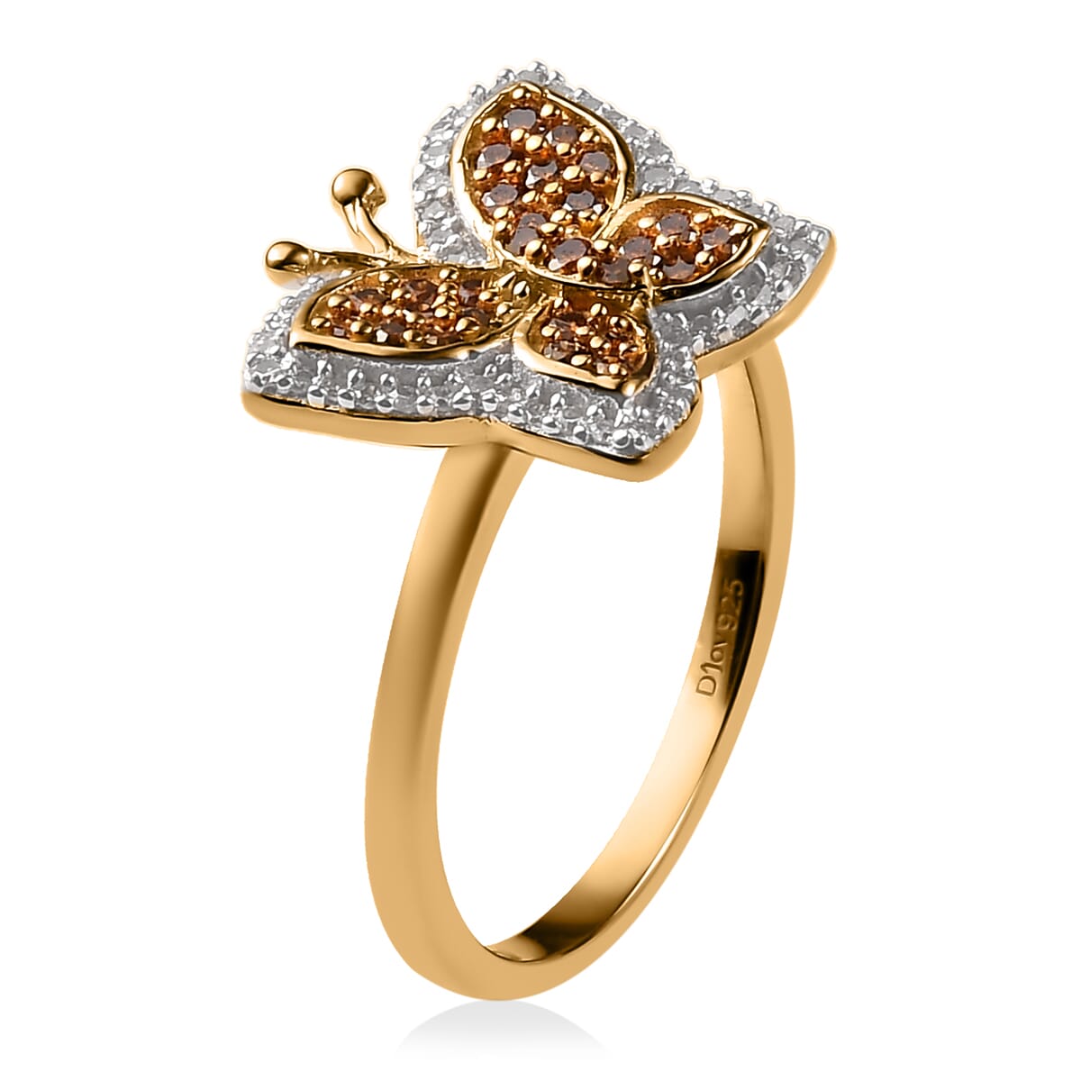 Orange and White Diamond Butterfly Ring in Vermeil Yellow Gold Over Sterling Silver 0.50 ctw image number 3