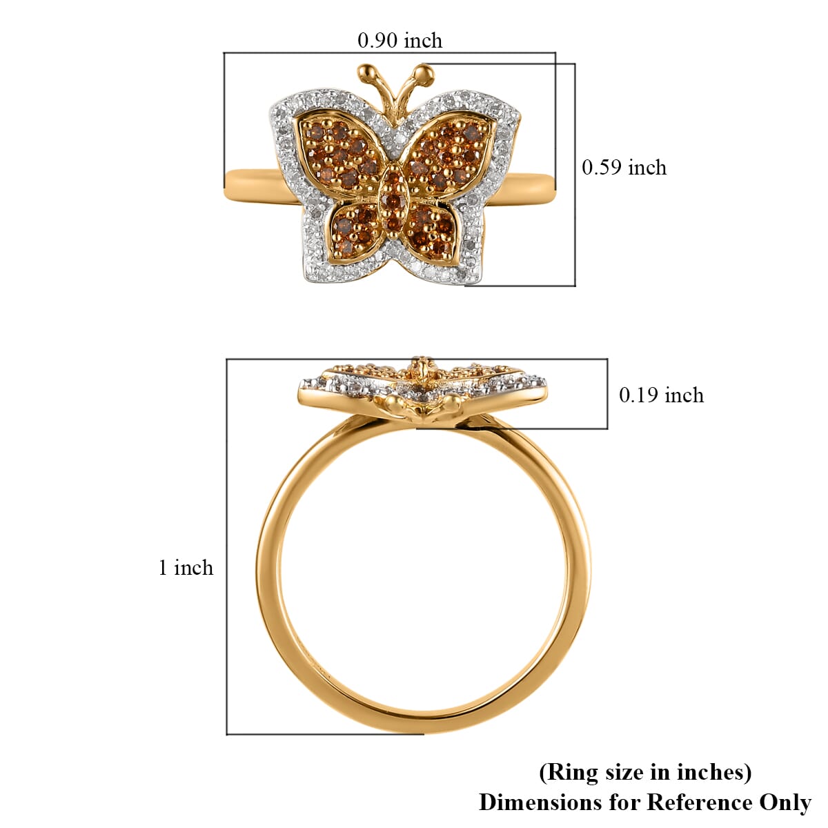 Orange and White Diamond Butterfly Ring in Vermeil Yellow Gold Over Sterling Silver 0.50 ctw image number 5