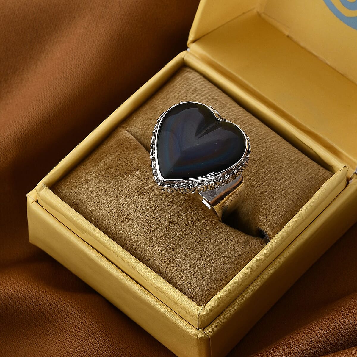 Sajen Silver Rainbow Obsidian Heart Ring in Sterling Silver (Size 9.0) 11.75 ctw image number 1