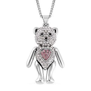 Multi Color Austrian Crystal Teddy Bear Pendant Necklace 29 Inches in Silvertone