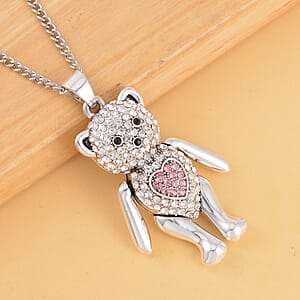 Multi Color Austrian Crystal Teddy Bear Pendant Necklace 29 Inches in Silvertone