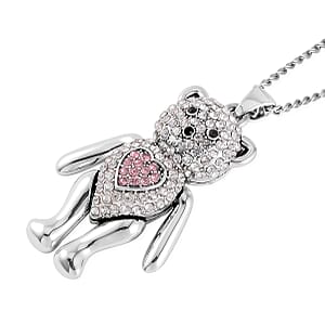 Multi Color Austrian Crystal Teddy Bear Pendant Necklace 29 Inches in Silvertone
