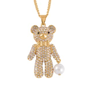White Shell Pearl, White and Black Austrian Crystal Teddy Bear Pendant Necklace 29-31 Inches in Goldtone