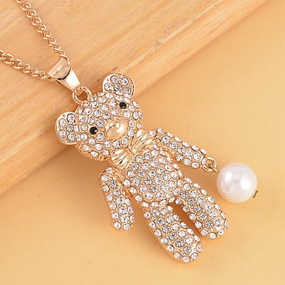 White Shell Pearl, White and Black Austrian Crystal Teddy Bear Pendant Necklace 29-31 Inches in Goldtone