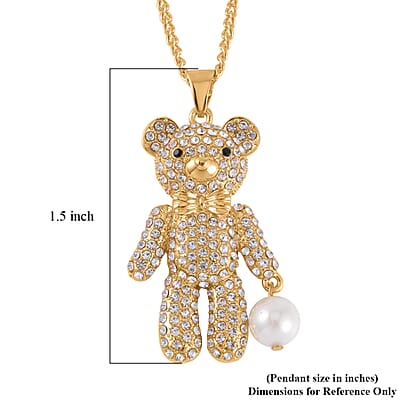 White Shell Pearl, White and Black Austrian Crystal Teddy Bear Pendant Necklace 29-31 Inches in Goldtone