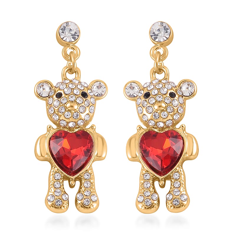Red Glass, White and Black Austrian Crystal Teddy Bear Earrings in Goldtone