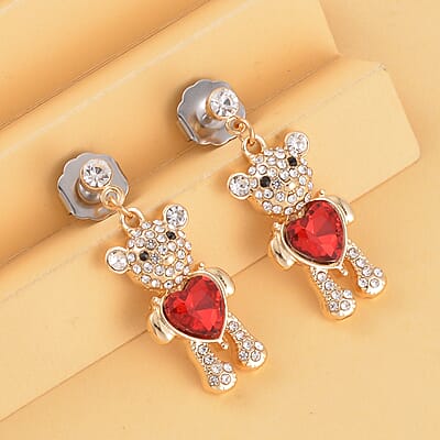Red Glass, White and Black Austrian Crystal Teddy Bear Earrings in Goldtone