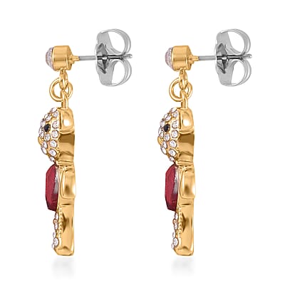 Red Glass, White and Black Austrian Crystal Teddy Bear Earrings in Goldtone