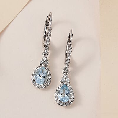Premium Mangoro Aquamarine and White Zircon Drop Earrings in Platinum Over Sterling Silver 1.65 ctw