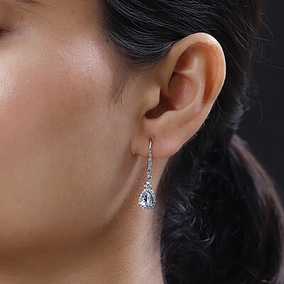 Premium Mangoro Aquamarine and White Zircon Drop Earrings in Platinum Over Sterling Silver 1.65 ctw