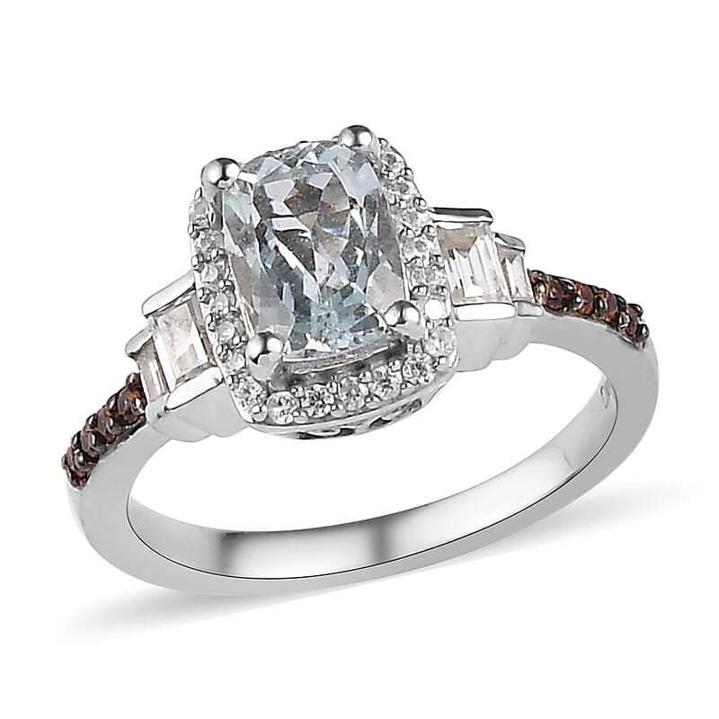 Premium Mangoro Aquamarine, Brown and White Zircon Ring in Platinum Over Sterling Silver (Size 10.0) 1.25 ctw