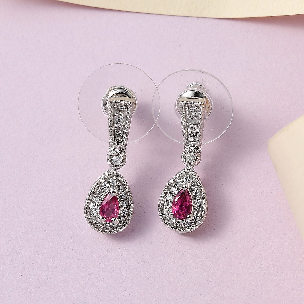 Premium Ouro Fino Rubellite and White Zircon Dangle Earrings in Platinum Over Sterling Silver 0.90 ctw image number 1