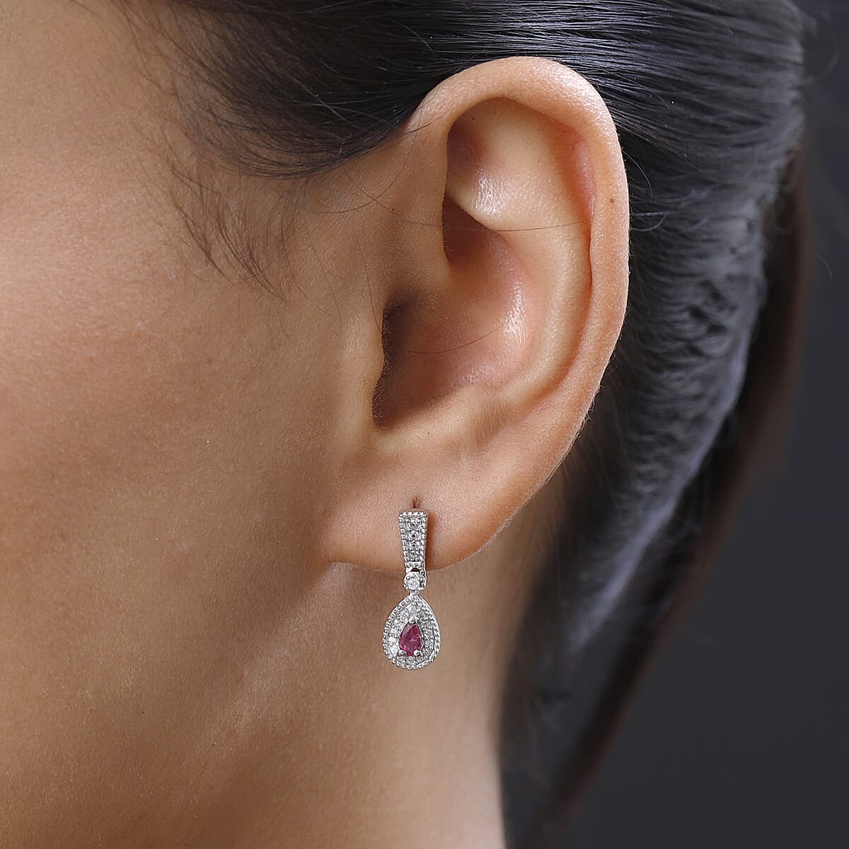 Premium Ouro Fino Rubellite and White Zircon Dangle Earrings in Platinum Over Sterling Silver 0.90 ctw image number 2