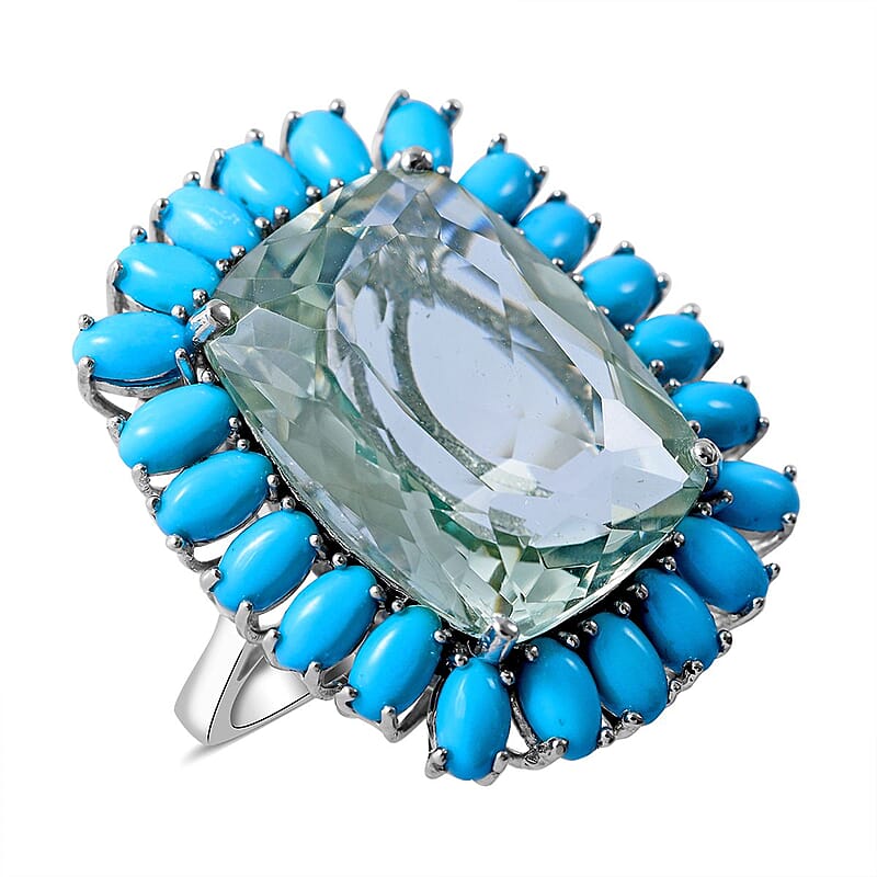 AAA Montezuma Prasiolite and Sleeping Beauty Turquoise Halo Ring in Platinum Over Sterling Silver (Size 10.0) 22.75 ctw