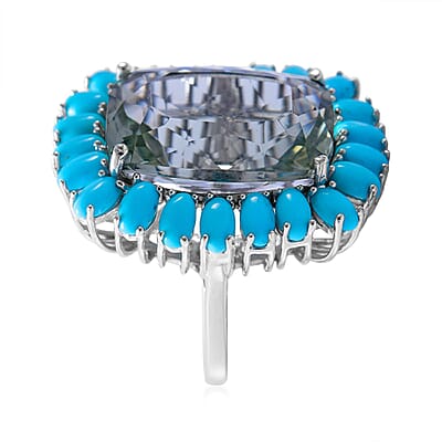 AAA Montezuma Prasiolite and Sleeping Beauty Turquoise Halo Ring in Platinum Over Sterling Silver (Size 10.0) 22.75 ctw