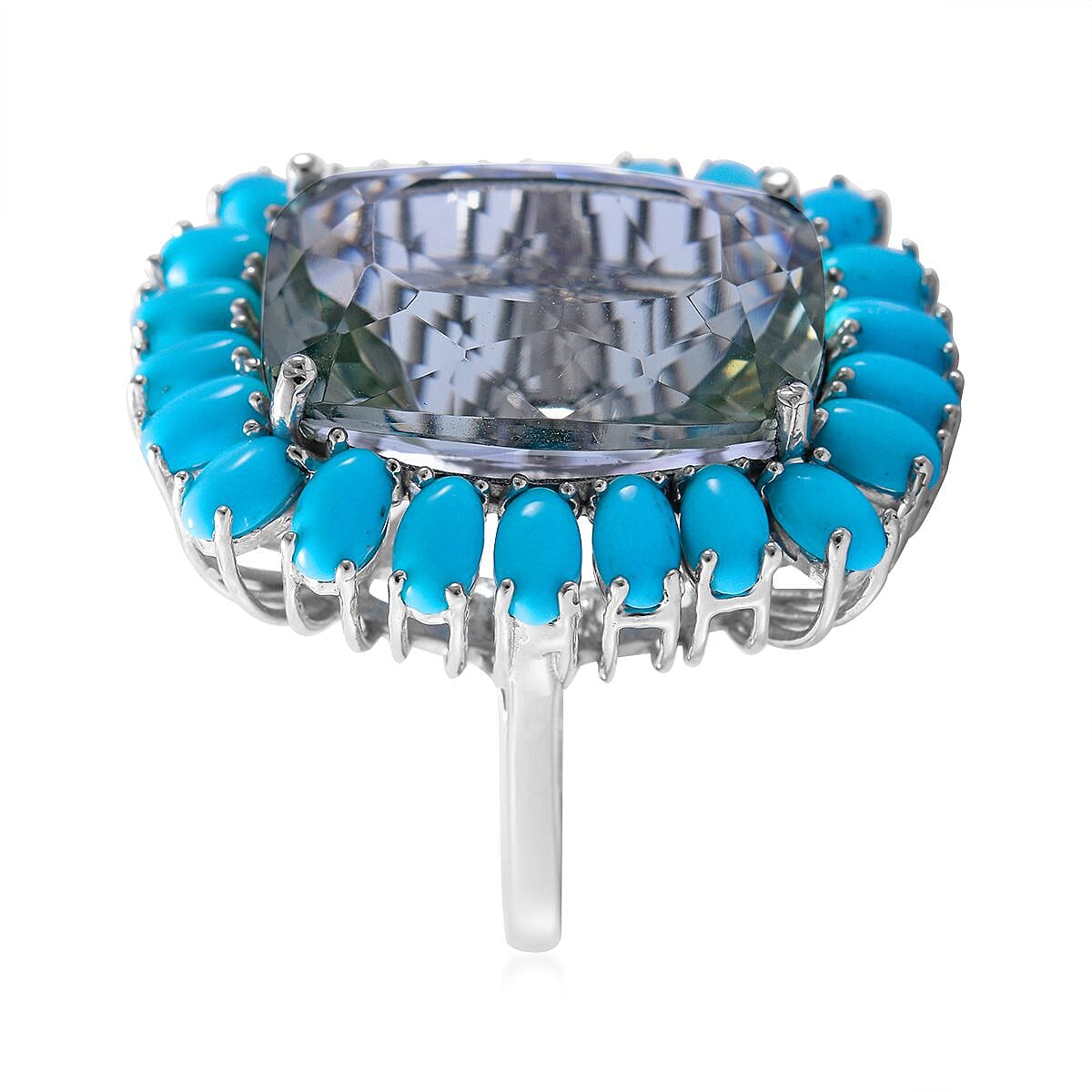 AAA Montezuma Prasiolite and Sleeping Beauty Turquoise Halo Ring in Platinum Over Sterling Silver (Size 6.0) 22.75 ctw image number 2