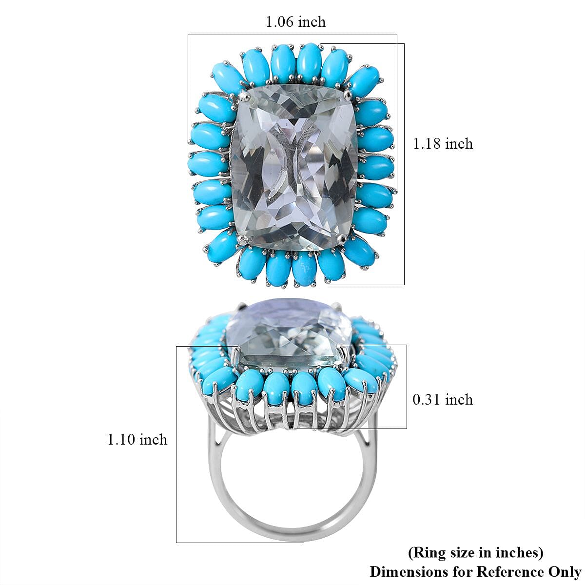 AAA Montezuma Prasiolite and Sleeping Beauty Turquoise Halo Ring in Platinum Over Sterling Silver (Size 6.0) 22.75 ctw image number 4